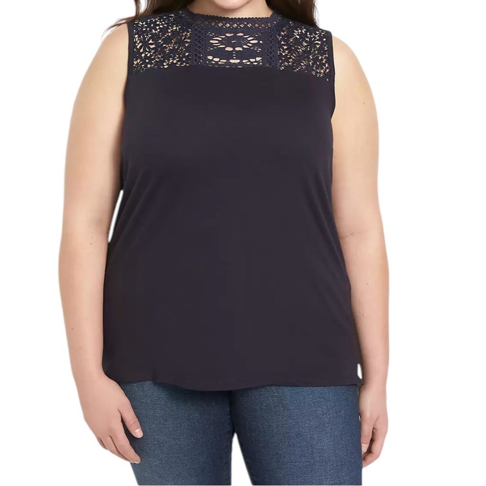 Lane Bryant Navy Blue Mock Neck Tank Top with Lace Yoke 14/16